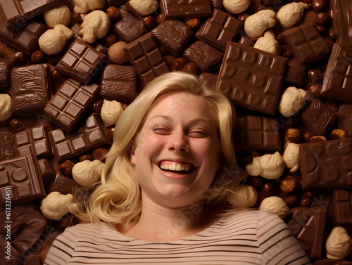 Portrait of a happy laughing overweight blonde young woman laying on top of a pile of delicious chocolate bars.