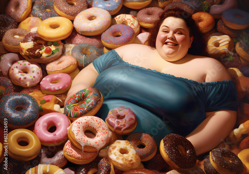 Obraz na płótnie A happy overweight woman buried in colorful yummy perfect donuts with an assortment of toppings and flavors. w salonie
