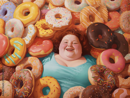A happy overweight redhead woman buried in colorful yummy perfect donuts with an assortment of toppings and flavors.