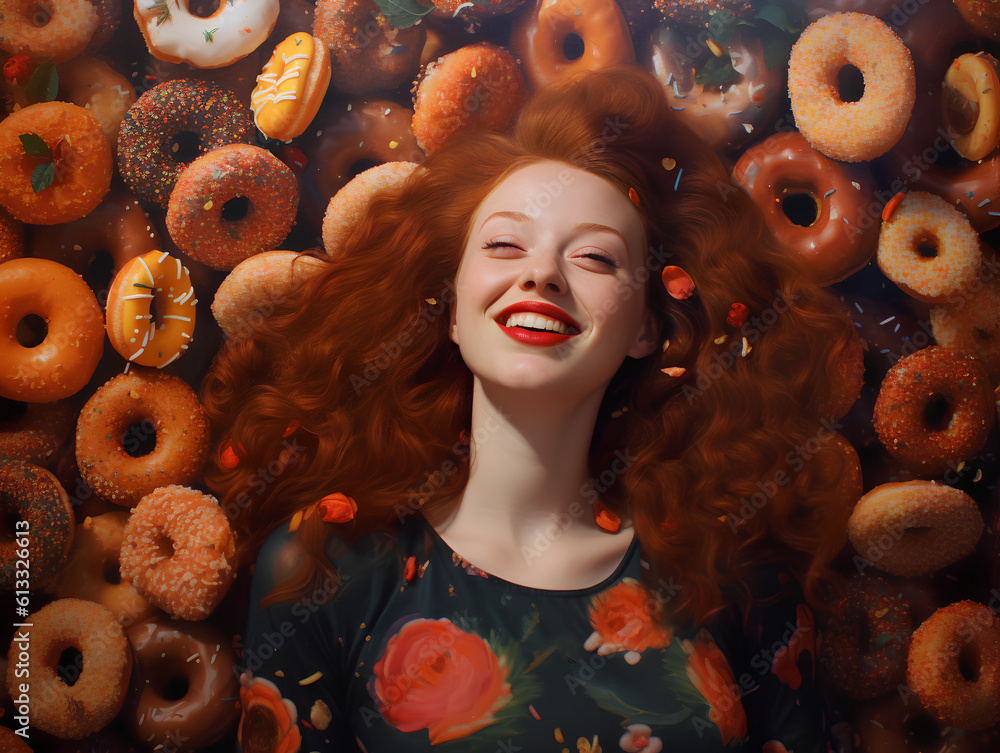 A happy redhead woman with luscious hair buried in colorful yummy perfect donuts with an assortment of toppings and flavors.