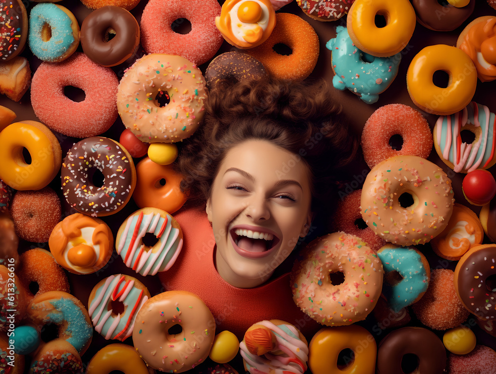 A happy laughing woman buried in colorful yummy perfect donuts with an assortment of toppings and flavors.