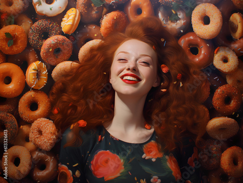 Obraz na płótnie A happy redhead woman with luscious hair buried in colorful yummy perfect donuts with an assortment of toppings and flavors. w salonie