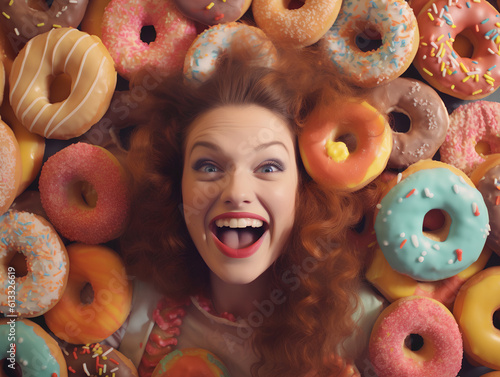 Obraz na płótnie A happy smiling redhead woman buried in colorful yummy perfect donuts with an assortment of toppings and flavors. w salonie