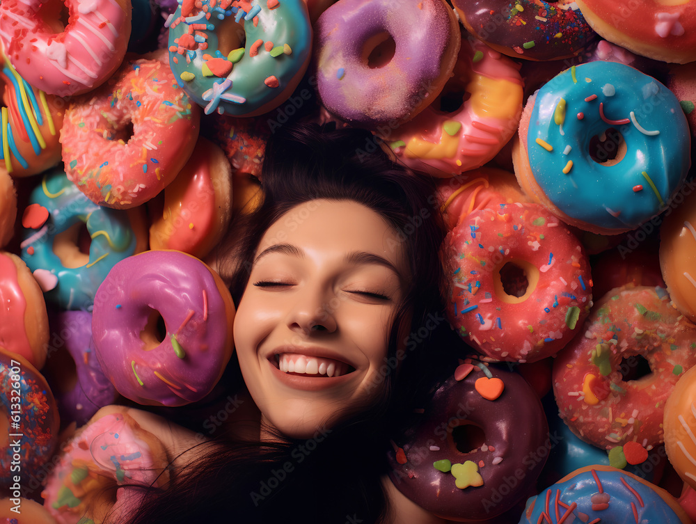 A happy smiling brunette woman buried in colorful yummy perfect donuts with an assortment of toppings and flavors.