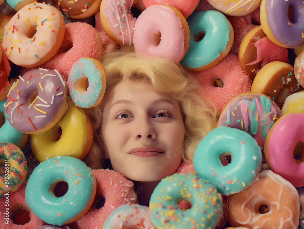 Close up of a happy blond woman's face buried in colorful yummy perfect donuts with an assortment of toppings and flavors.