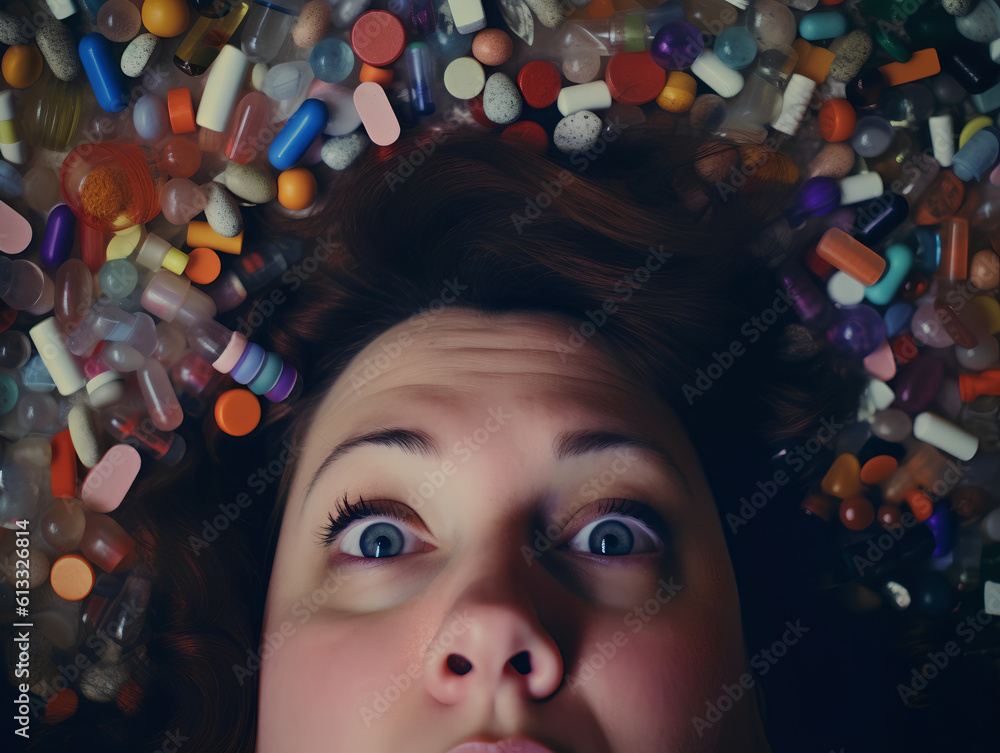 Close up of a scared woman with wide open eyes buried in colorful medical pills.