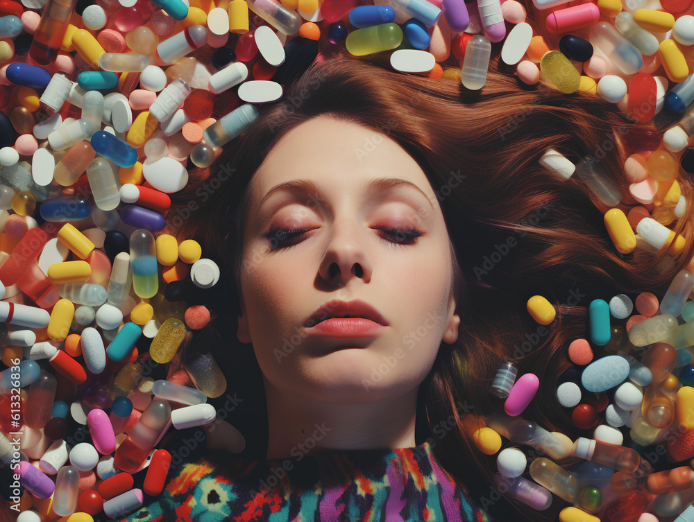 A woman with closed eyes buried in colorful medical pills.