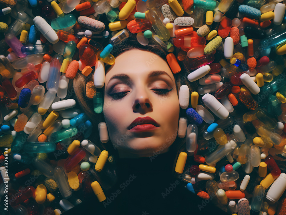 A woman with closed eyes buried in colorful medical pills.