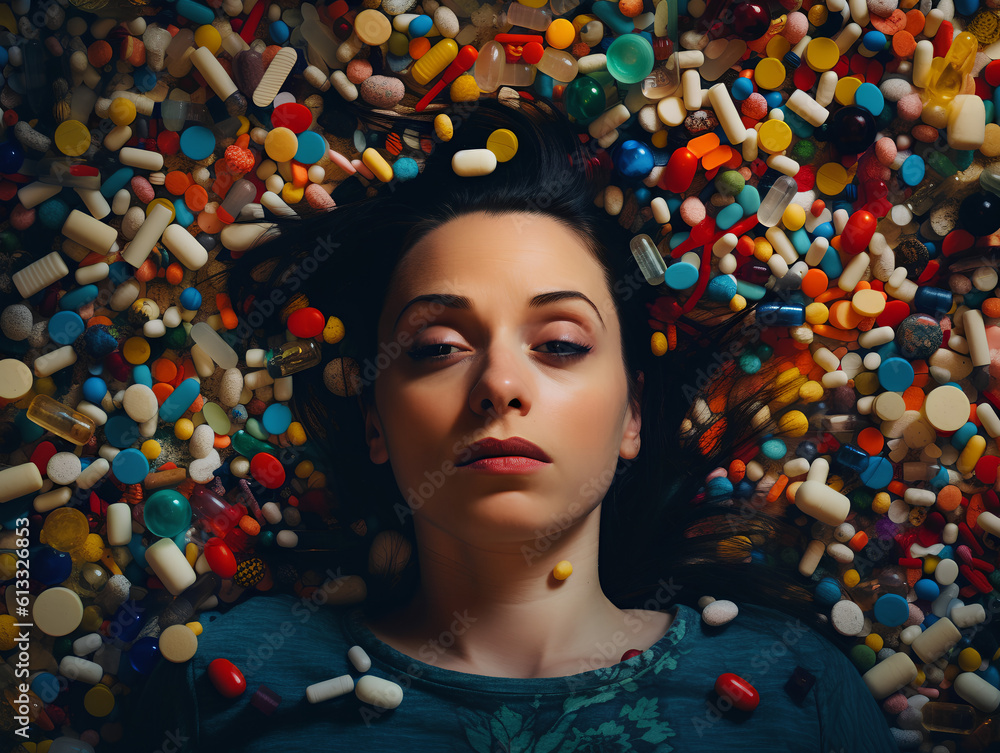 A woman with serious face expression buried in colorful medical pills.