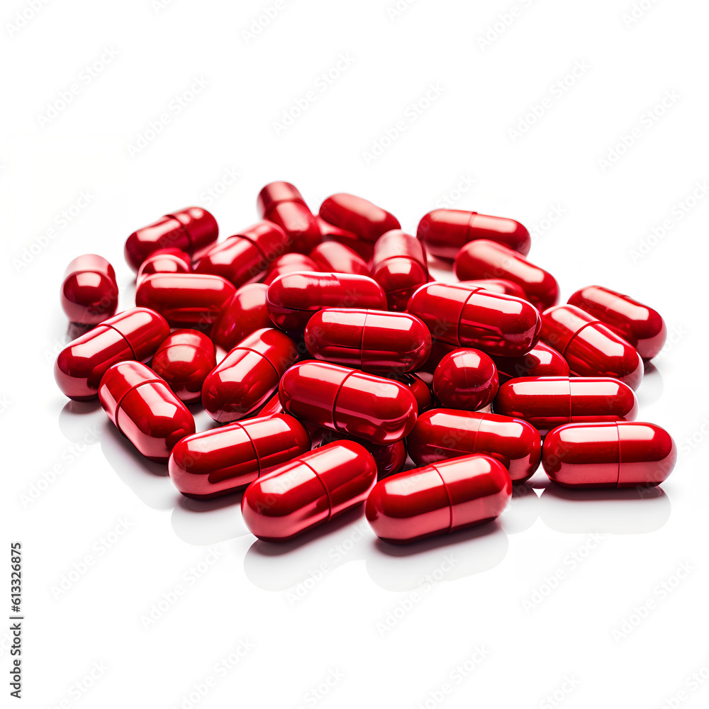 Assortment of red medicine pills isolated on white background. Assortment of red medicine pills isolated on white background.