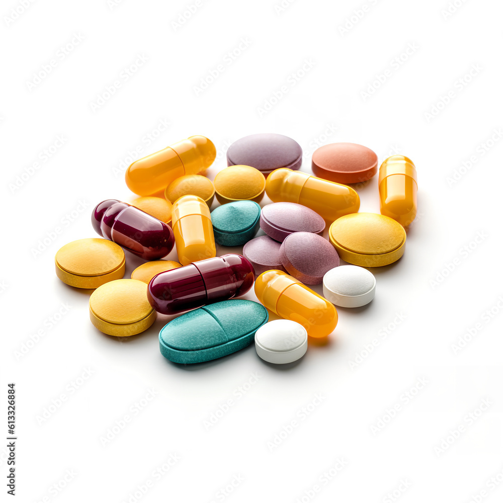 Assortment of colorful medicine pills isolated on white background.