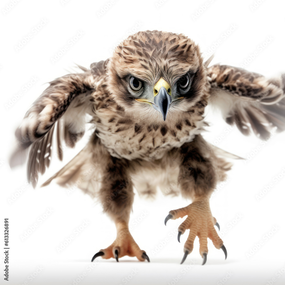 Obraz premium Adorable Cute Funny Baby Buzzard Animal Running Close Up Portrait Photo Illustration on White Background Nursery, Kid's, Children's room, pediatric office Digital Wall Print Art Nature Generative AI