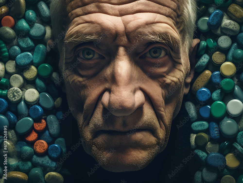 Close up of an elderly old man with a bug nose and serious expression buried in medicine pills
