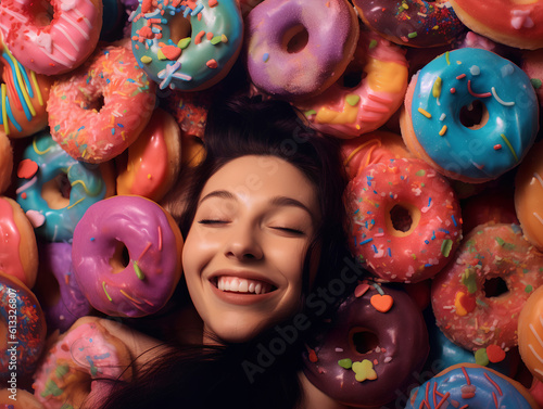 A happy smiling brunette woman buried in colorful yummy perfect donuts with an assortment of toppings and flavors.