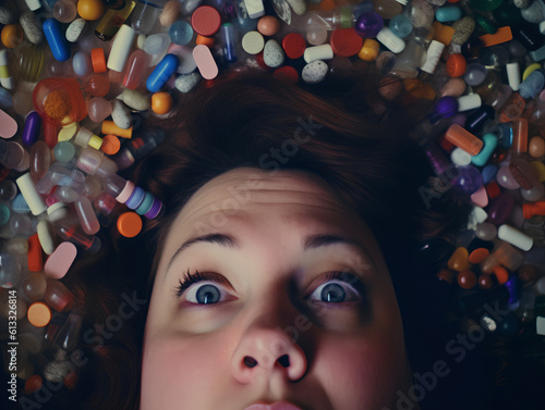 Obraz na płótnie Close up of a scared woman with wide open eyes buried in colorful medical pills. w salonie