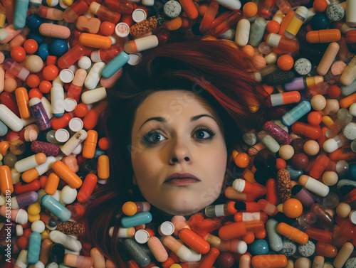 A redhead woman with closed eyes buried in colorful medical pills.