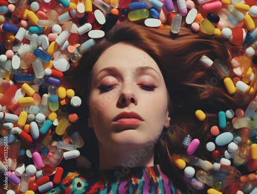 Obraz na płótnie A woman with closed eyes buried in colorful medical pills. w salonie