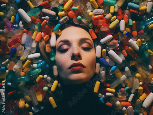 Obraz na płótnie A woman with closed eyes buried in colorful medical pills. w salonie