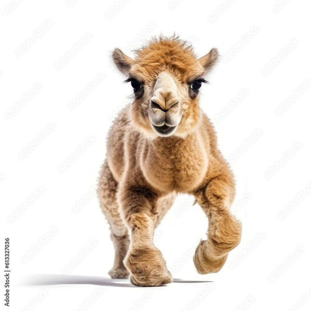 Adorable Cute Funny Baby Camel Animal Running Close Up Portrait Photo Illustration on White Background Nursery, Kid's, Children's room, pediatric office Digital Wall Print Art Nature Generative AI