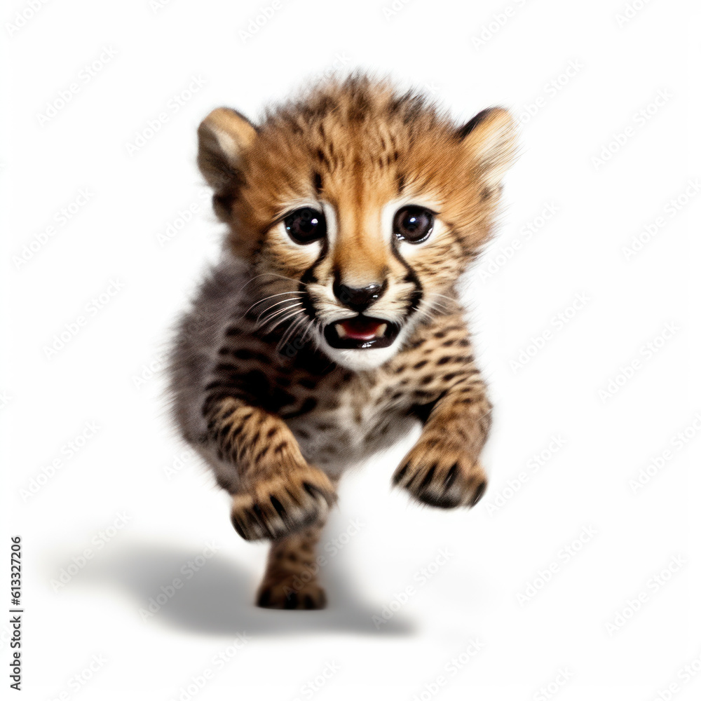 Obraz premium Adorable Cute Funny Baby Cheetah wild cat Running Close Up Portrait Photo Illustration on White Background Nursery, Kid's, Children's room, pediatric office Digital Wall Print Art Nature Generative AI
