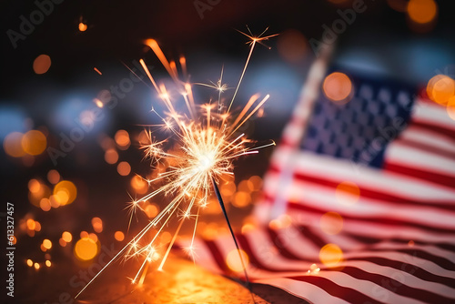 Sparkles with lights in soft focus and American flag on the background. July forth celebration. The Independence day backdrop. Abstract minimalistic wallpaper with space for text. 