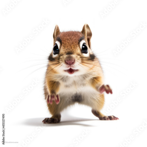 Adorable Cute Funny Baby Chipmunk Animal Running Close Up Portrait Photo Illustration on White Background Nursery, Kid's, Children's room, pediatric office Digital Wall Print Art Nature Generative AI © Boxels
