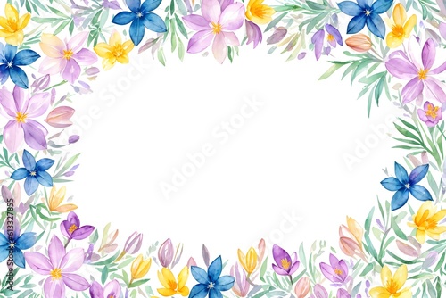 Greeting card with spring crocus flowers, watercolor painting, hand drawing greeting card, watercolor painting. Spring flowers: violet, blue and white crocuses, botanical illustration. Generative AI