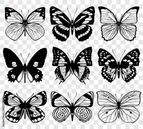 butterfly silhouette, group of butterflies, black and white, wildlife