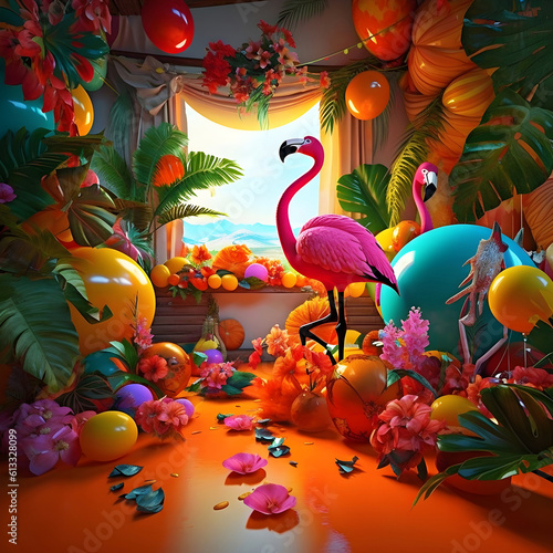 A Daytime Escape: Tropical Island Oasis Party with Flamingos and Balloons © CreativeMindSigned