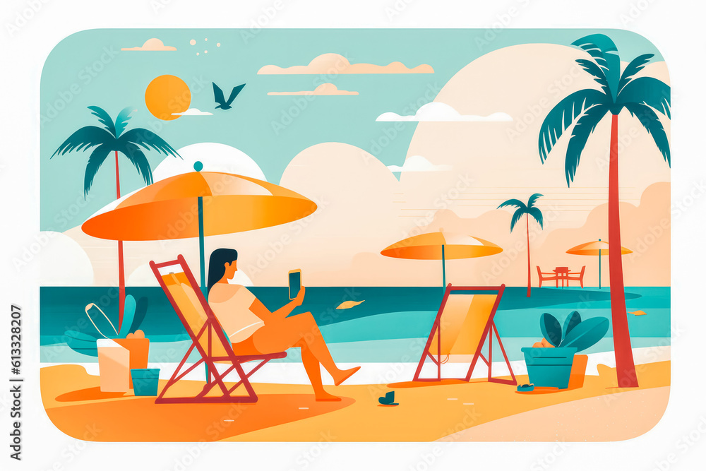 Illustration of woman on holidays with her phone, chat bot helping her plan her holiday. Generative AI.