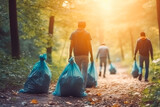 Collecting the garbage in plastic trash bag in nature, cleaning up the environment. Generative AI