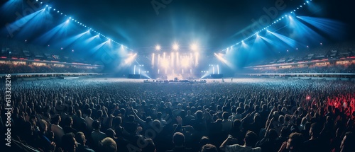 A crowd of people at an ultra-modern live event, concert, or ceremony. A large audience, crowd, or participants in a live event venue with bright lights above. Generated by AI.