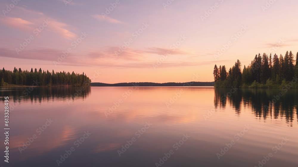 Stunning Image of Serene Landscape During Golden Hour, Tranquil Lake and Lush Forest under Vibrant Sunset