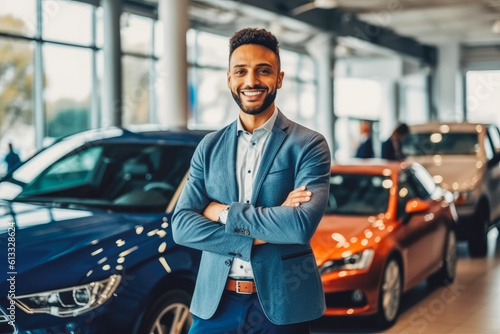 Handsome young car dealer smiling, wearing business suit and looking professional, waiting for a client. Generative AI
