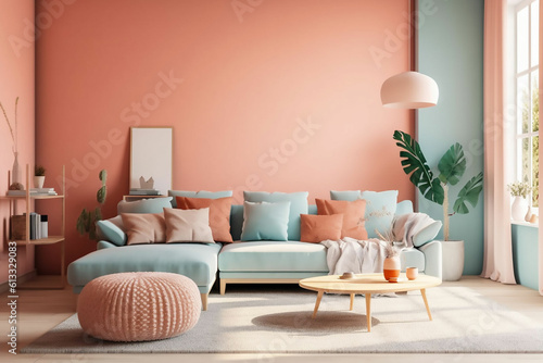 Living room interior, pastel, soft, Generative AI