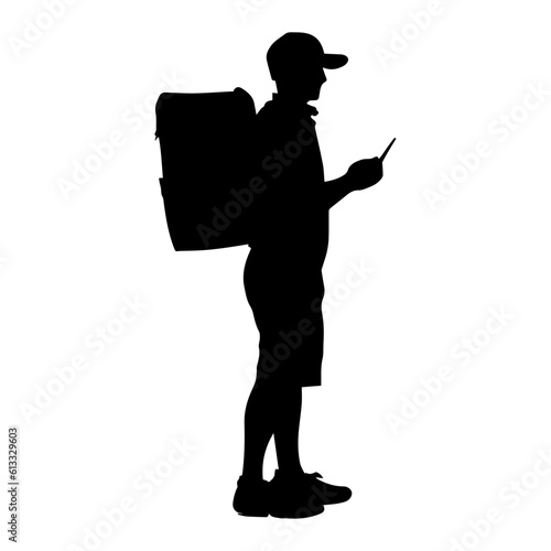 Vector illustration. Black silhouette of a courier with a box. Fast delivery.