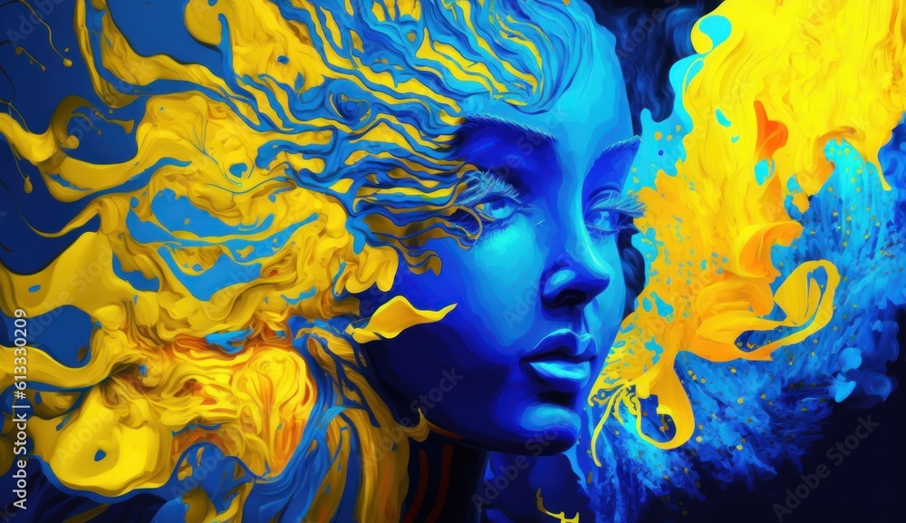 Yellow and Blue Girl Artwork . Watercolor. Made With Generative AI.