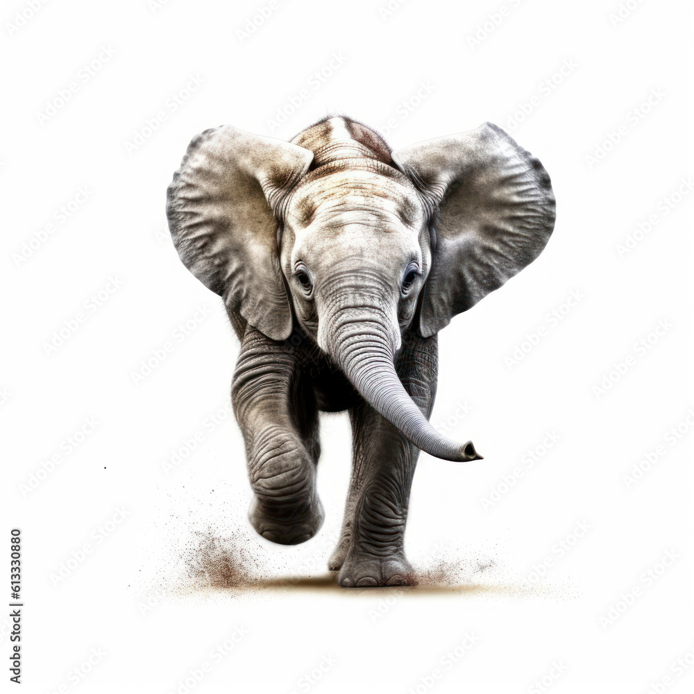 Fototapeta premium Adorable Cute Funny Baby Elephant Animal Running Close Up Portrait Photo Illustration on White Background Nursery, Kid's, Children's room, pediatric office Digital Wall Print Art Nature Generative AI