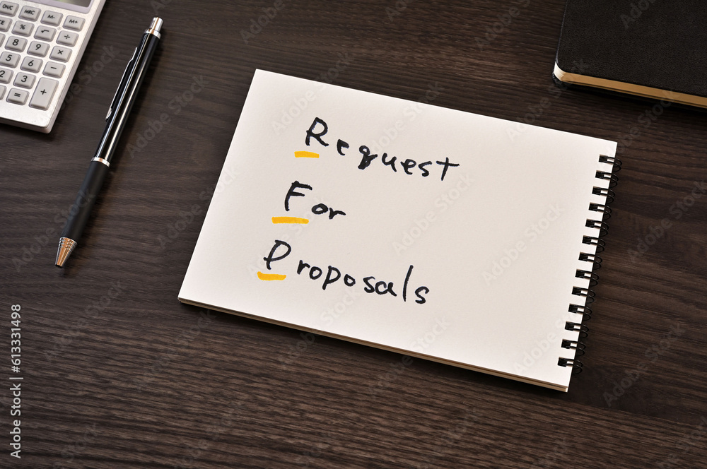There is notebook with the word RFP. It is as an eye-catching image. There is notebook with the word RFP. It is as an eye-catching image.