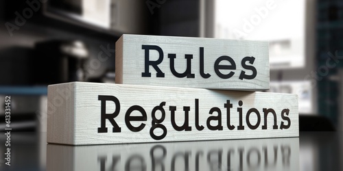 Photos Rules, regulations - words on wooden blocks - 3D illustration