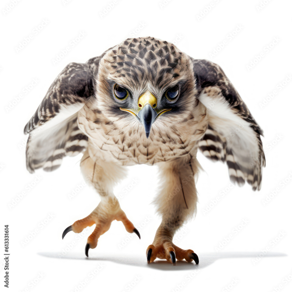 Naklejka premium Adorable Cute Funny Baby Hawk Animal Running Close Up Portrait Photo Illustration on White Background Nursery, Kid's, Children's room, pediatric office Digital Wall Print Art Nature Generative AI