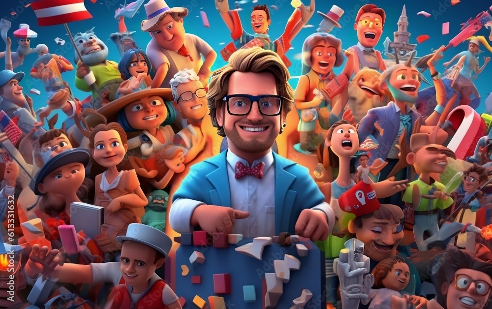 3d render cartoon celebrating America 4th July independence day, USA