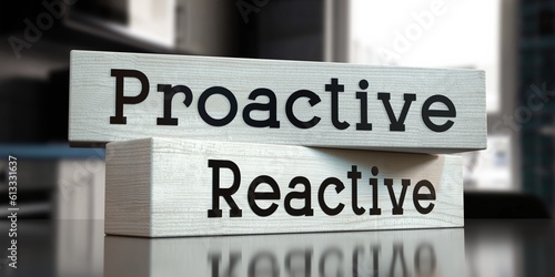 Fotografija Proactive, reactive - words on wooden blocks - 3D illustration