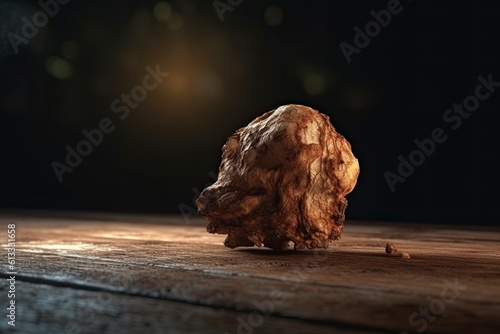Rotten ginger on a wooden table. Dim studio light. Generate AI.