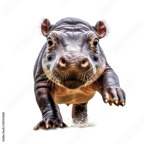 Adorable Cute Funny Baby Hippopotamus Running Close Up Portrait Photo Illustration on White Background Nursery  Kid s  Children s room  pediatric office Digital Wall Print Art Nature Generative AI