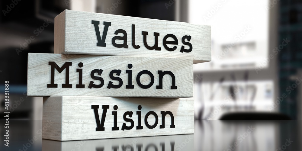 Obraz premium Values, mission, vision - words on wooden blocks - 3D illustration