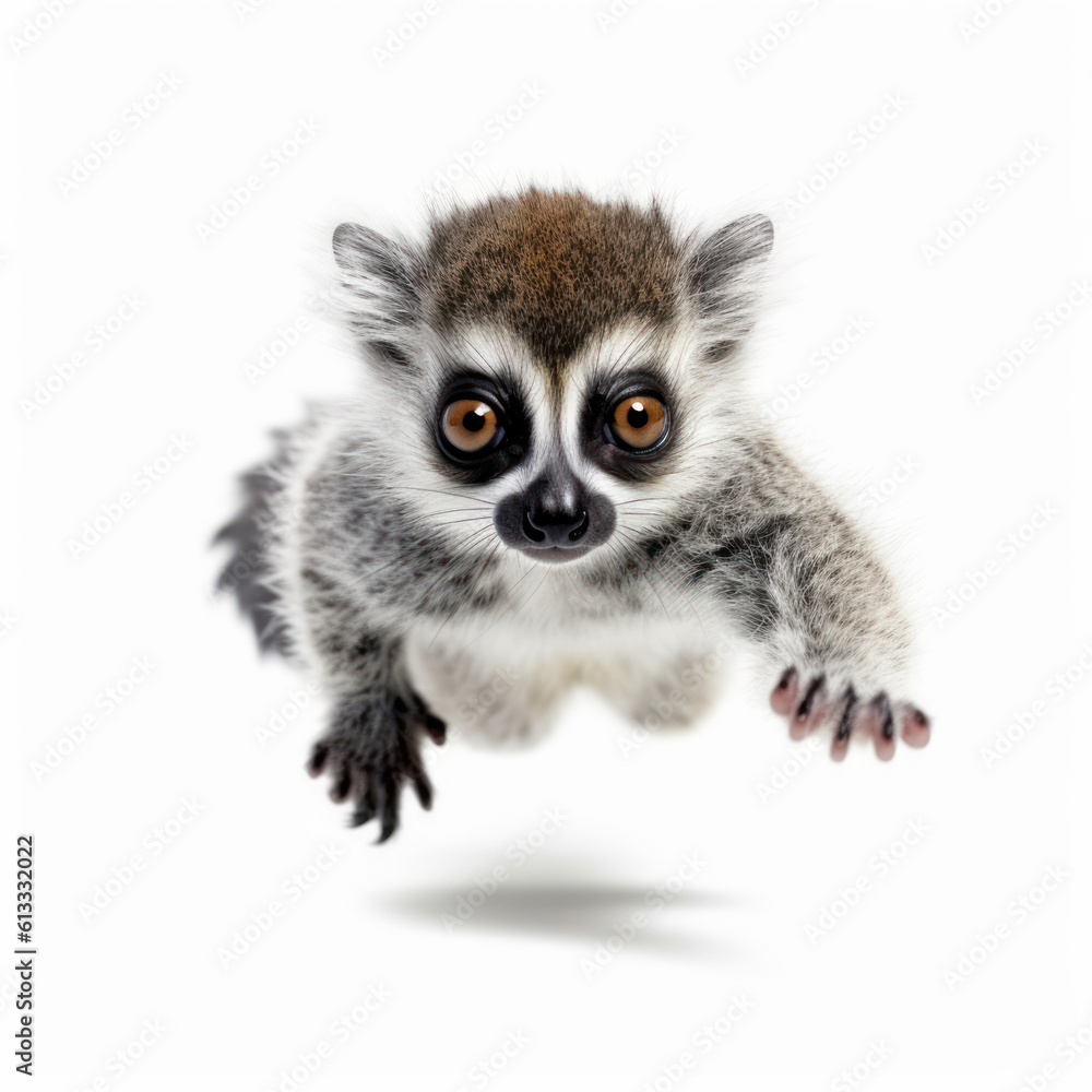 Adorable Cute Funny Baby Lemur Animal Running Close Up Portrait Photo Illustration on White Background Nursery, Kid's, Children's room, pediatric office Digital Wall Print Art Nature Generative AI