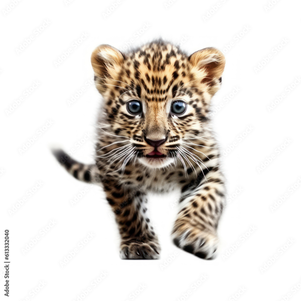 Fototapeta premium Adorable Cute Funny Baby Leopard Animal Running Close Up Portrait Photo Illustration on White Background Nursery, Kid's, Children's room, pediatric office Digital Wall Print Art Nature Generative AI