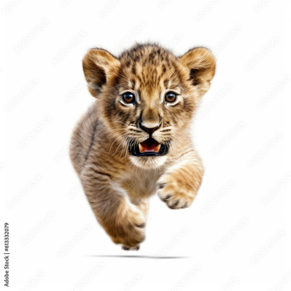 Obraz premium Adorable Cute Funny Baby Lion Animal Running Close Up Portrait Photo Illustration on White Background Nursery, Kid's, Children's room, pediatric office Digital Wall Print Art Nature Generative AI