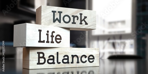 Work, life, balance - words on wooden blocks - 3D illustration photo